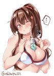  ... 1girl between_breasts bikini blush bottle breasts brown_eyes brown_hair commentary_request ebifurya eyebrows_visible_through_hair flower hair_between_eyes hair_flower hair_ornament highres kantai_collection large_breasts long_hair looking_at_viewer one_eye_closed ramune sexually_suggestive simple_background solo spoken_ellipsis swimsuit twitter_username wet white_background white_bikini yamato_(kantai_collection) 