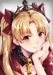  1girl blonde_hair bow chin_rest choker diadem ereshkigal_(fate/grand_order) fate/grand_order fate_(series) hair_bow kelinch1 long_hair looking_at_viewer orange_eyes portrait red_bow skull smile solo twintails 