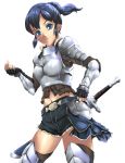  1girl armored_boots belt black_gloves black_legwear black_shorts blue_eyes blue_hair boots breastplate fingerless_gloves floating_hair from_below gloves knight midriff navel original os_(ososos) ponytail sheath sheathed short_hair short_shorts shorts shoulder_armor simple_background smile solo spaulders stomach sword thigh-highs thigh_boots weapon white_background 