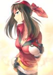  1girl bandanna blue_eyes breasts brown_hair cleavage collarbone creatures_(company) floating_hair game_freak gloves haruka_(pokemon) head_tilt highres holding holding_poke_ball kikuma525 long_hair looking_at_viewer medium_breasts nintendo poke_ball pokemon pokemon_(game) pokemon_rse red_shirt shirt short_sleeves simple_background smile solo standing white_background 