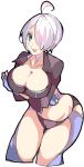  1girl ahoge angel_(kof) bent_over blush breast_hold breasts chaps cleavage commentary_request cropped_jacket crossed_arms enpe fingerless_gloves gloves green_eyes hair_over_one_eye highres jacket large_breasts midriff short_hair silver_hair simple_background smile solo the_king_of_fighters tongue tongue_out white_background white_hair 