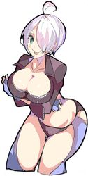  1girl ahoge angel_(kof) bent_over blush breast_hold breasts chaps cleavage commentary_request cropped_jacket crossed_arms enpe fingerless_gloves gloves green_eyes hair_over_one_eye highres jacket large_breasts midriff short_hair silver_hair simple_background smile solo the_king_of_fighters tongue tongue_out white_background white_hair 