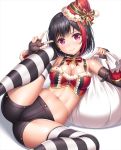  1girl arm_warmers armpits ass bang_dream! bangs bare_shoulders black_choker black_gloves black_hair black_shorts blush bow bowtie breasts buttons choker cleavage closed_mouth collarbone commentary_request crop_top earrings elbow_gloves eyebrows_visible_through_hair feet_out_of_frame fingerless_gloves glint gloves gold_trim hands_up hat holding holding_sack jewelry knee_up lace lace-trimmed_gloves lambda_(kusowarota) looking_at_viewer medium_breasts midriff mitake_ran multicolored_hair navel reclining red_eyes red_hat red_neckwear red_shirt redhead sack santa_hat shadow shirt short_hair short_shorts shorts sidelocks simple_background sleeveless sleeveless_shirt smile solo star star_earrings stomach streaked_hair striped striped_legwear thigh-highs thighs w white_background white_legwear 