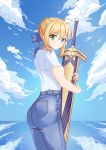  1girl 777._(pixiv) absurdres ahoge artoria_pendragon_(all) blonde_hair blue_pants blue_ribbon blue_sky braided_bun clouds cowboy_shot day eyebrows_visible_through_hair fate/stay_night fate_(series) green_eyes hair_between_eyes hair_ribbon highres holding holding_sword holding_weapon looking_at_viewer outdoors pants pixiv_fate/grand_order_contest_1 ribbon saber sheath sheathed shiny shiny_hair shirt short_sleeves sidelocks sky solo standing sword tied_hair weapon white_shirt 