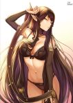  1girl bangs bare_shoulders black_bra black_hair black_panties bow bow_bra bra breasts bridal_gauntlets choker cleavage collarbone commentary_request cowboy_shot detached_sleeves elf eyebrows_visible_through_hair fate/apocrypha fate/grand_order fate_(series) gradient gradient_background hair_between_eyes lace lace-trimmed_thighhighs large_breasts lingerie long_hair looking_at_viewer mashu_003 navel open_mouth panties pink_background pointy_ears revision ribbon-trimmed_bra semiramis_(fate) signature simple_background solo spikes thigh-highs thighs title underwear underwear_only very_long_hair white_background yellow_background yellow_eyes 