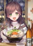  1girl :d bangs blurry blurry_background blurry_foreground blush bottle braid brown_hair chano_hinano commentary_request eyebrows_visible_through_hair food green_eyes head_tilt holding hotpot indoors jewelry long_hair night night_sky open_mouth original oven_mitts pendant plaid shirt sidelocks sky smile snowing solo white_shirt window 