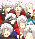  6+boys anger_vein arm_around_shoulder black_gloves blue_eyes blush closed_eyes closed_mouth coat dante_(devil_may_cry) devil_may_cry devil_may_cry_2 devil_may_cry_3 devil_may_cry_4 eyebrows_visible_through_hair facial_hair fingerless_gloves gloves gvwjklj00010tqly jewelry multiple_boys nero_(devil_may_cry) open_mouth patterned patterned_background ring short_hair silver_hair smile stubble sweat sweatdrop v veins vergil white_hair yellow_gloves 