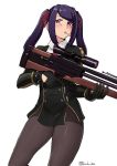  1girl black_gloves black_legwear blush bullpup cigarette commentary cosplay english_commentary finalcake girls_frontline gloves gun holding holding_gun holding_weapon julianne_stingray navel pantyhose purple_hair rifle simple_background sniper_rifle solo twintails va-11_hall-a violet_eyes wa2000_(girls_frontline) wa2000_(girls_frontline)_(cosplay) walther walther_wa_2000 weapon white_background 