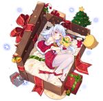  1girl ahoge azur_lane bell blue_hair blush bow box candy candy_cane christmas christmas_tree dango_remi eyebrows_visible_through_hair food full_body gift gift_box heterochromia long_hair looking_at_viewer lying nicholas_(azur_lane) official_art on_side pantyhose parted_lips red_bow red_eyes santa_costume solo thigh-highs transparent_background white_legwear yellow_eyes 