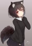  1girl absurdres animal_ear_fluff animal_ears bangs black_hair black_skirt black_sweater blush cat_ears cat_girl cat_tail collared_shirt commentary_request eyebrows_visible_through_hair grey_background hair_between_eyes hair_ornament hairclip highres long_sleeves looking_at_viewer mayogii original paw_pose pleated_skirt red_eyes school_uniform shiny shiny_hair shirt short_hair signature simple_background skirt sleeves_past_wrists solo standing sweater tail upper_body white_shirt wing_collar 
