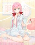  1girl bangs barefoot bedroom blue_eyes bomhat bow cake character_name darling_in_the_franxx dress eyebrows_visible_through_hair finger_to_mouth food hair_bow highres holding holding_food horns indoors long_hair looking_at_viewer pink_hair red_bow shiny shiny_hair short_sleeves sitting solo twintails very_long_hair white_dress zero_two_(darling_in_the_franxx) 