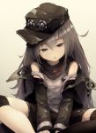  arms_between_legs black_shorts coat expressionless eyebrows_visible_through_hair g11_(girls_frontline) girls_frontline green_hat green_jacket grey_eyes grey_hair hair_between_eyes hat highres jacket long_hair long_sleeves looking_at_viewer messy_hair open_clothes open_coat open_mouth scarf_on_head shirt shorts shoulder_cutout simple_background single_thighhigh sitting suginakara_(user_ehfp8355 thigh-highs white_background white_shirt 