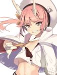  1girl azur_lane bangs dragon_horns eyebrows_visible_through_hair flat_chest gloves green_eyes grin hat highres horns looking_at_viewer midriff navel pink_hair ryuujou_(azur_lane) schreibe_shura short_hair simple_background smile solo teeth tsurime upper_body white_background white_gloves 