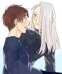  2boys blue_eyes blue_shirt blush brown_eyes brown_hair eyebrows_visible_through_hair grey_hair grey_shirt hair_over_one_eye katsuki_yuuri long_hair long_sleeves looking_at_another looking_away male_focus multiple_boys open_mouth profile shirikawa shirt short_hair simple_background smile time_paradox upper_body upper_teeth viktor_nikiforov white_background younger yuri!!!_on_ice 