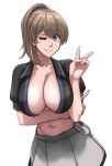  1girl black_shirt blue_eyes breasts brown_hair cleavage highres intrepid_(kantai_collection) kantai_collection large_breasts long_hair looking_at_viewer navel one_eye_closed ponytail shirt skirt smile solo sozan v white_skirt 