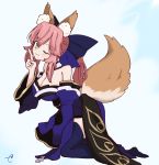  1girl ;) animal_ear_fluff animal_ears bangs bare_shoulders blue_bow blue_kimono blue_legwear blue_sleeves blush bow breasts cleavage commentary_request detached_sleeves eyebrows_visible_through_hair fate/extra fate_(series) fox_ears fox_girl fox_tail full_body hair_between_eyes hair_bow hand_up head_tilt highres japanese_clothes kimono kujou_karasuma large_breasts long_hair long_sleeves no_shoes obi one_eye_closed pink_hair ponytail sash short_kimono sidelocks signature sleeves_past_wrists smile solo strapless tail tail_raised tamamo_(fate)_(all) tamamo_no_mae_(fate) thigh-highs wide_sleeves 