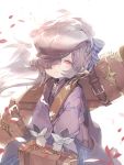  1girl alternate_costume alternate_hairstyle cape case chul_(pacifique) dress flower granblue_fantasy hair_over_one_eye hair_ribbon harvin hat highres long_hair long_sleeves nio_(granblue_fantasy) pink_eyes pointy_ears puffy_long_sleeves puffy_sleeves purple_hair ribbon smile suitcase very_long_hair white_background wind 