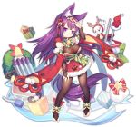  1girl animal_ears arm_up azur_lane bell black_legwear blush bow breasts christmas_wreath cleavage closed_mouth eyebrows_visible_through_hair fox_ears green_bow hat hat_removed headwear_removed large_breasts long_hair looking_at_viewer official_art pantyhose purple_hair santa_hat smile smug solo tail transparent_background urakaze_(azur_lane) utm very_long_hair violet_eyes wreath 