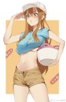  1girl adult age_difference blue_shirt blush border breasts brown_background brown_eyes brown_hair brown_shorts cokio cowboy_shot hair_between_eyes hat hataraku_saibou highres holding long_hair looking_at_viewer medium_breasts navel older platelet_(hataraku_saibou) salute shirt short_shorts short_sleeves shorts solo stomach under_boob undersized_clothes watermark weibo_logo weibo_username whistle whistle_around_neck white_border white_hat 