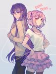  2girls back-to-back black_legwear black_pants casual collarbone doki_doki_literature_club grey_background hair_between_eyes hair_ornament hair_ribbon hairclip hands_on_hips long_hair looking_at_viewer midair_(rkgkefr) multiple_girls natsuki_(doki_doki_literature_club) pants pink_hair pink_skirt pout puffy_short_sleeves puffy_sleeves purple_hair red_eyes red_ribbon ribbed_sweater ribbon shirt short_hair short_sleeves simple_background skirt sweater thigh-highs two_side_up very_long_hair violet_eyes white_shirt yuri_(doki_doki_literature_club) 