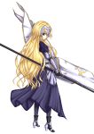  1girl absurdres armor armored_dress banner black_dress black_gloves black_legwear blonde_hair blue_eyes dress fate/apocrypha fate_(series) faulds full_body gloves headpiece high_heels highres holding jeanne_d&#039;arc_(fate) jeanne_d&#039;arc_(fate)_(all) long_hair macaang_cai_lian simple_background solo standing very_long_hair white_background 