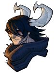  1boy angel_(drag-on_dragoon) black_hair blue_eyes caim commentary drag-on_dragoon english facial_hair hair_between_eyes horns looking_at_viewer male_focus portrait pyre_(game) scarf solo stubble transparent_background ytkadraws 