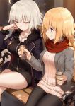  2girls ahoge bangs bench black_coat black_dress black_legwear blonde_hair blue_eyes blush braid breasts buttons can closed_mouth coat collarbone commentary_request dress drink eyebrows_visible_through_hair fate/grand_order fate_(series) frown fur-trimmed_coat fur_trim grey_coat hair_between_eyes half-closed_eyes haoni holding holding_can jeanne_d&#039;arc_(alter)_(fate) jeanne_d&#039;arc_(fate) jeanne_d&#039;arc_(fate)_(all) jewelry large_breasts legs_crossed long_hair long_sleeves looking_at_another looking_down multiple_girls necklace open_clothes open_coat pantyhose park_bench red_scarf ribbed_sweater scarf short_hair sidelocks silver_hair single_braid sitting smile sweater sweater_dress v-shaped_eyebrows white_sweater wing_collar yellow_eyes zipper 