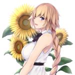  1girl :d armpit_crease bangs bare_arms bare_shoulders belt black_neckwear blonde_hair bow bowtie braid breasts collared_shirt commentary_request enchuu eyebrows_visible_through_hair fate/grand_order fate_(series) flower from_side jeanne_d&#039;arc_(fate) jeanne_d&#039;arc_(fate)_(all) large_breasts long_hair looking_at_viewer looking_to_the_side open_mouth shirt sidelocks single_braid sleeveless sleeveless_shirt smile solo sunflower upper_body v_arms violet_eyes white_background white_shirt 