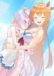  2girls bare_shoulders blush bracelet breasts cleavage covered_navel dress groin hairband hug jewelry kokkoro_(princess_connect!) long_hair multiple_girls open_mouth orange_hair pecorine princess_connect!_re:dive purple_hair see-through short_hair sleeveless sleeveless_dress small_breasts smile subachi sweatdrop violet_eyes white_dress 
