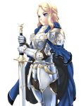  1girl armor blonde_hair blue_cape blue_eyes braid breastplate cape crown_braid gauntlets holding holding_staff holding_sword holding_weapon long_hair night original os_(ososos) shoulder_armor simple_background solo spaulders staff standing sword weapon white_background 