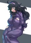 1girl ahoge bags_under_eyes black_hair blue_eyes breasts chuuhiji_elc creatures_(company) dress eyebrows_visible_through_hair game_freak hair_over_one_eye hairband hex_maniac_(pokemon) highres j large_breasts long_hair looking_at_viewer messy_hair nintendo open_mouth plump pokemon pokemon_(game) purple_hairband ribbed_sweater sitting smile solo sweatdrop sweater 