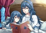  2girls :d a_meno0 bed_sheet blue_bow blue_eyes blue_hair book bow child christmas diadem dress dual_persona fire_emblem fire_emblem:_kakusei holding holding_book intelligent_systems long_hair long_sleeves lucina multiple_girls nintendo open_book open_mouth pillow smile teenage time_paradox under_covers white_dress young 