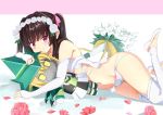  1girl akatsuki_kirika bangs bare_shoulders black_hair blunt_bangs blush bouquet breasts character_doll commentary_request elbow_gloves flower gloves hair_flower hair_ornament long_hair looking_at_viewer lying navel on_side panties pink_eyes revealing_clothes rikopin senki_zesshou_symphogear shiny shiny_hair shiny_skin small_breasts smile solo thigh-highs tsukuyomi_shirabe twintails underwear white_flower white_gloves white_legwear white_panties 