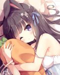  1girl animal_ears bangs bare_shoulders blue_bow blush bow breasts brown_hair carrot_pillow commentary_request eyebrows_visible_through_hair fingernails flower hair_bow hair_flower hair_ornament highres hoshi_(snacherubi) j long_hair looking_at_viewer lying on_side one_eye_closed original parted_lips pillow pillow_hug rabbit_ears small_breasts solo strap_slip violet_eyes white_flower 