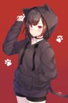  1girl absurdres animal_ears animal_hood artist_name bang_dream! bangs black_choker black_hair black_hoodie black_shorts blush cat_hood cat_tail choker closed_mouth cowboy_shot drawstring eyebrows_visible_through_hair fake_animal_ears frown hand_in_pocket hand_up highres hood hoodie ion_(on01e) light_particles lock long_sleeves looking_at_viewer mitake_ran multicolored_hair padlock paw_background red_background red_eyes redhead shiny shiny_hair short_hair short_shorts shorts simple_background sleeves_past_wrists solo standing streaked_hair tail v-shaped_eyebrows 