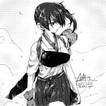  1girl flight_deck greyscale hakama hakama_skirt japanese_clothes kaga_(kantai_collection) kantai_collection long_hair looking_back monochrome muneate nmz_(namazu) side_ponytail smoke solo tasuki wind 