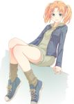  1girl bangs blonde_hair blue_footwear blue_jacket brown_legwear denim denim_jacket drawstring e20 green_eyes green_hoodie hair_tie hood hood_down hoodie_dress jacket long_sleeves original parted_bangs shoes sitting smile socks solo twintails 