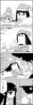  4koma animal_ears box comic commentary_request emphasis_lines fake_facial_hair fake_mustache fake_nose gap gift gift_box giving greyscale hair_between_eyes hat hat_ribbon highres houraisan_kaguya long_hair mob_cap monochrome rabbit rabbit_ears reisen_udongein_inaba ribbon sack santa_hat sleigh smile sparkle star star_(sky) tani_takeshi thought_bubble touhou translation_request very_long_hair waving yakumo_yukari yukkuri_shiteitte_ne 