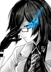  1girl adjusting_eyewear bangs black_gloves black_rock_shooter_(character) blue_eyes breasts burning_eye closed_mouth collared_shirt duwu_qian_xun_meng expressionless fu_hua_(honkai_impact) glasses gloves grey_shirt hair_between_eyes highres honkai_impact jacket long_hair long_sleeves looking_at_viewer necktie night_squire parody shirt sidelocks simple_background striped striped_neckwear vest white_background white_jacket 