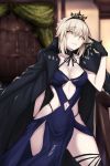 1girl akatsuki_ikki artoria_pendragon_(all) artoria_pendragon_(swimsuit_rider_alter) black_gloves black_jacket blue_dress blurry blurry_background braid breasts center_opening choker collarbone commentary_request cowboy_shot curtains dress fate/grand_order fate_(series) french_braid gloves grin highleg highleg_panties highres jacket lace large_breasts leg_garter multicolored multicolored_background open_clothes open_jacket panties smile solo thigh-highs tiara underwear yellow_eyes 