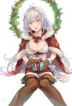  1girl ahoge boots braid breasts cape christmas christmas_wreath cleavage fur_trim gloves granblue_fantasy green_eyes highres looking_at_viewer midriff open_mouth presenting red_cape red_skirt ribbon sabanobori silva_(granblue_fantasy) silver_hair simple_background sitting skirt solo thigh-highs thigh_boots white_background wreath 