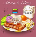  2girls ^_^ altera_(fate) altera_the_santa bacon bare_shoulders black_hat blush chaki_(teasets) chibi closed_eyes closed_eyes dark_skin detached_sleeves dress earmuffs egg fate/grand_order fate_(series) food hat helena_blavatsky_(fate/grand_order) mittens multiple_girls open_mouth purple_hair red_eyes sausage sheep short_hair smile strapless strapless_dress sunny_side_up_egg toast veil white_hair white_sleeves 