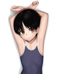  1girl armpits arms_up bangs bare_arms black_hair black_swimsuit blush brown_eyes closed_mouth collarbone commentary_request competition_school_swimsuit flat_chest highres looking_at_viewer original parted_bangs pout ranma_(kamenrideroz) school_swimsuit shadow short_hair simple_background solo swimsuit upper_body white_background 