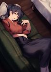  1girl arm_across_waist bangs black_hair blue_hakama blush breasts hair_ribbon hakama half-closed_eyes hand_up highres houshou_(kantai_collection) indoors japanese_clothes kantai_collection kimono kyouya_(mukuro238) long_hair lounge lying medium_breasts on_side open_mouth pantyhose pillow ponytail red_kimono ribbon sidelocks signature solo tabi tasuki white_background 