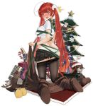  1girl absurdly_long_hair ass azur_lane bell black_legwear black_skirt blush bow candy candy_cane christmas christmas_tree eyebrows_visible_through_hair food full-face_blush full_body green_bow green_ribbon honolulu_(azur_lane) kneeling long_hair looking_at_viewer merry_christmas mole mole_under_eye mr_cloud official_art open_mouth panties pantyhose pantyhose_pull red_eyes redhead ribbon skirt snowflakes solo stuffed_animal stuffed_toy teddy_bear translated transparent_background twintails underwear very_long_hair white_panties 