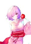  1girl absurdres arm_behind_back candy_apple ela_phus fate/grand_order fate_(series) floral_print food hair_over_one_eye highres holding japanese_clothes kimono looking_at_viewer mash_kyrielight obi pink_eyes pink_hair pink_kimono print_kimono red_ribbon ribbon sash short_hair simple_background smile solo standing upper_body white_background 