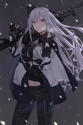  1girl ak-12 ak-12_(girls_frontline) assault_rifle bangs black_gloves black_pants braid breasts breathing cloak eyebrows_visible_through_hair floating_hair french_braid gas_mask girls_frontline gloves glowing glowing_eyes grey_background gun hairband hand_up highres holding holding_gun holding_weapon jacket load_bearing_equipment long_hair long_sleeves looking_at_viewer medium_breasts midriff pants parted_lips partly_fingerless_gloves qb_516 ribbon rifle sidelocks silver_hair snow snowing solo trigger_discipline very_long_hair violet_eyes weapon wind 