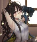  1girl adjusting_hair armpits arms_behind_head arms_up bandaid bandaid_on_nose black_hair black_legwear blush breasts c-ms_(girls_frontline) expressionless eyes girls_frontline highres jacket long_hair looking_at_viewer medium_breasts messy_hair mole mole_under_eye red_eyes shirt signature sleeveless sleeveless_shirt solo star sun_miru thigh-highs torn_clothes torn_legwear window zipper 