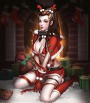  1girl black_bow bow breasts brigitte_(overwatch) brown_eyes brown_hair christmas cleavage hair_ornament large_breasts liang_xing long_hair looking_at_viewer overwatch parted_lips ponytail sitting solo thigh-highs 