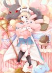  1girl animal_ears bad_foot barefoot black_legwear blonde_hair blue_cape blue_eyes blue_skirt cape food_themed_pillow from_above hat heart holding holding_stuffed_animal looking_at_viewer on_bed paula_(sennen_sensou_aigis) pillow rabbit_ears red_eyes sennen_sensou_aigis skirt solo staff striped stuffed_animal stuffed_bunny stuffed_toy thigh-highs white_hat white_legwear 